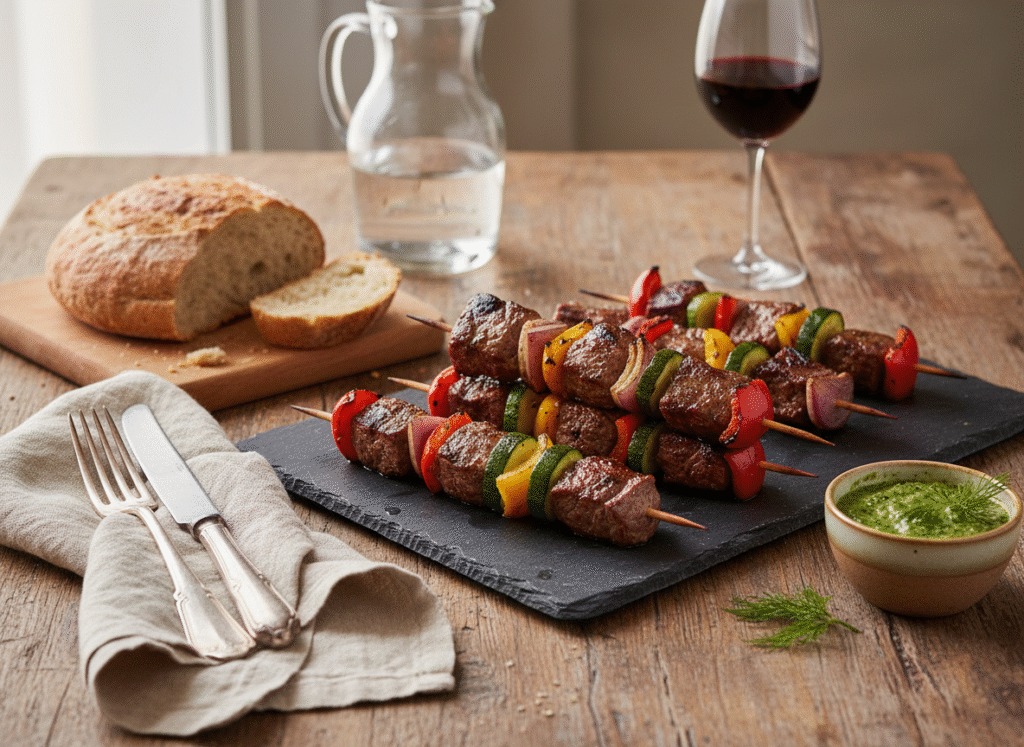 Brochettes de bœuf marinées aux légumes grillés