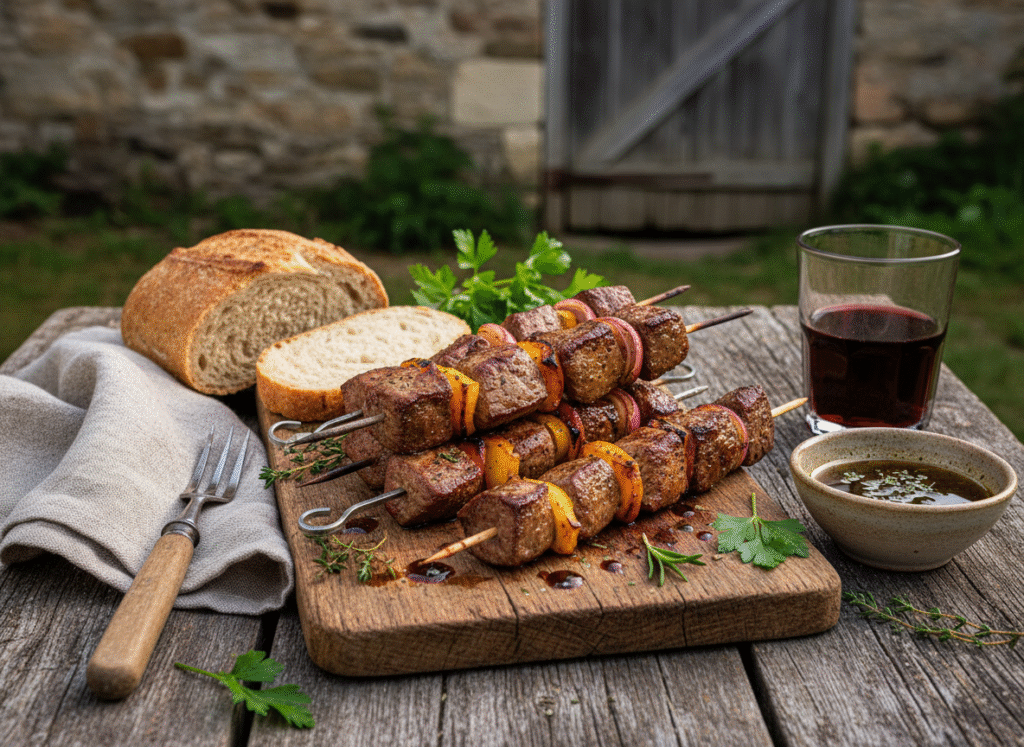Brochettes de foie de génisse marinées, cuisson au barbecue