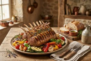 Carré de côtes d’agneau grillé, herbes aromatiques et légumes de saison