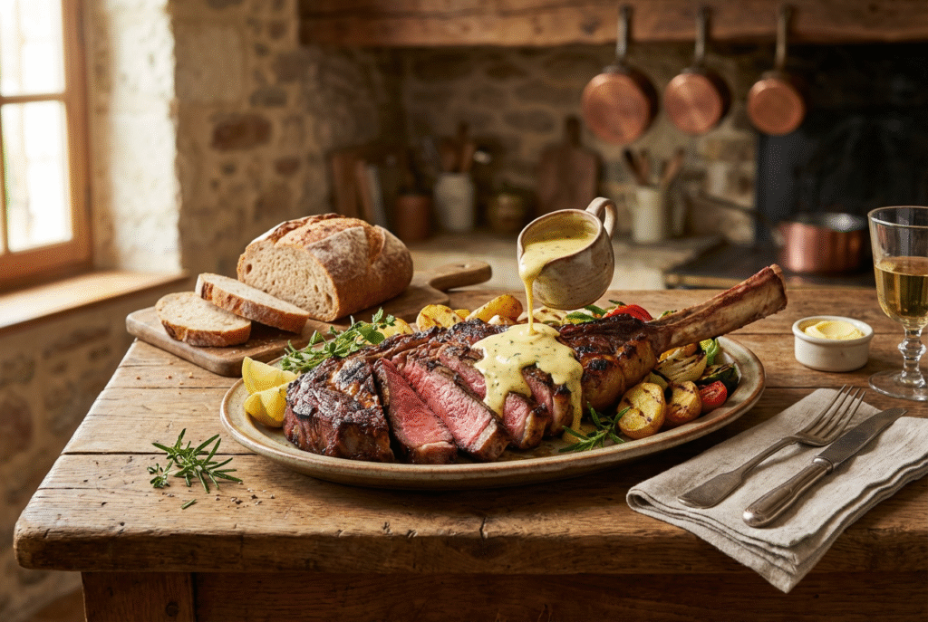 Côte à l’os de bœuf grillée à la perfection, accompagnée d’une sauce béarnaise maison