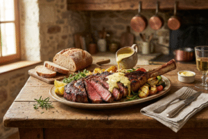 Côte à l’os de bœuf grillée à la perfection, accompagnée d’une sauce béarnaise maison