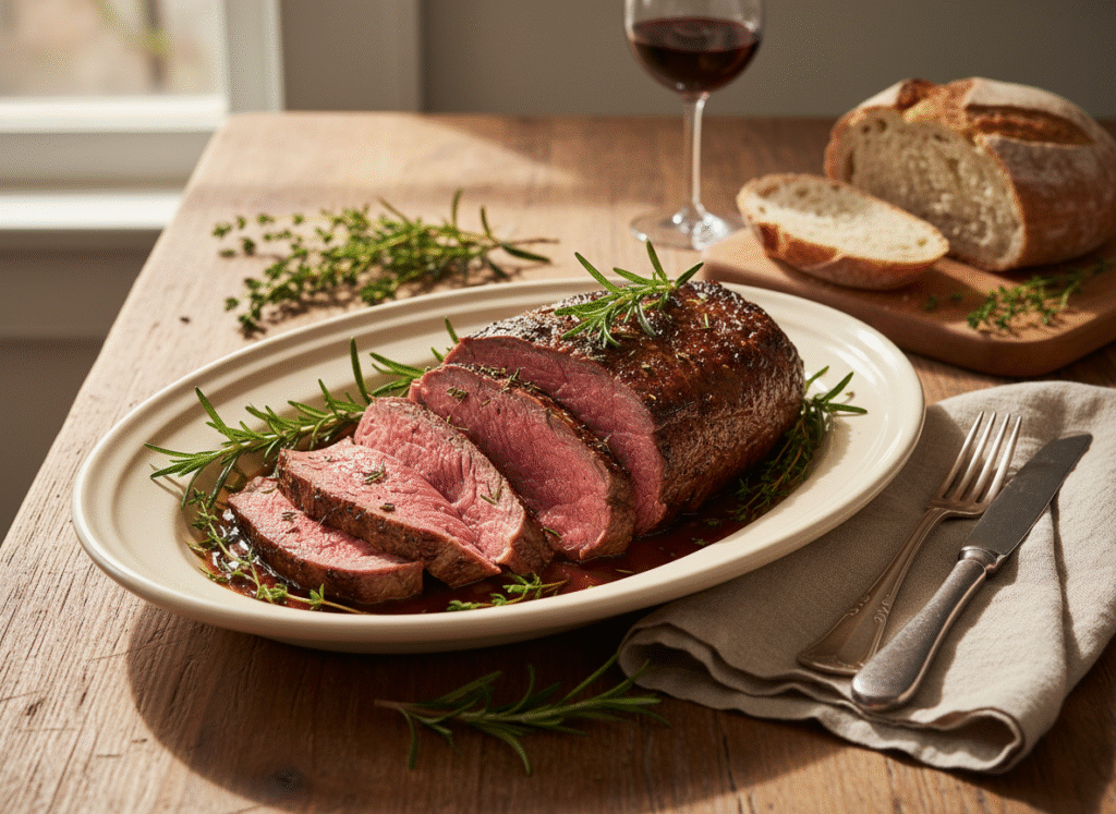 Rôti dans le filet de bœuf tendre, cuisson au four aux herbes