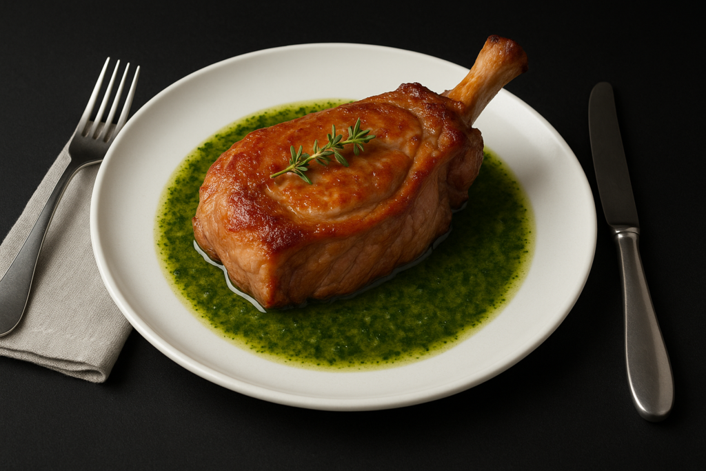 Côte de veau grillée à la plancha, sauce moutarde et herbes