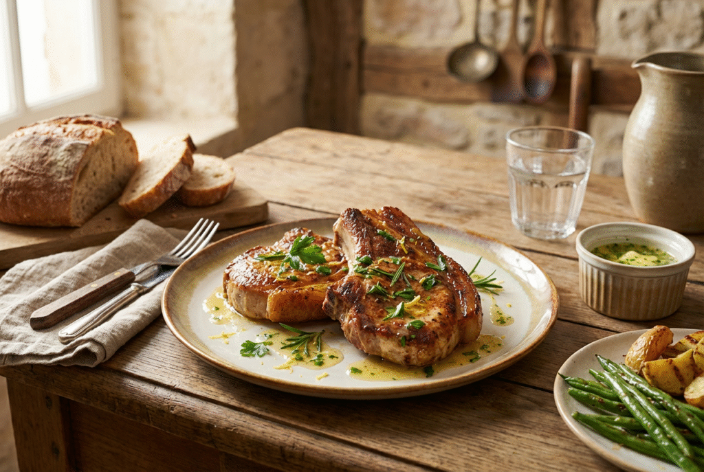 Côte de veau grillée, sauce au beurre citronné et herbes