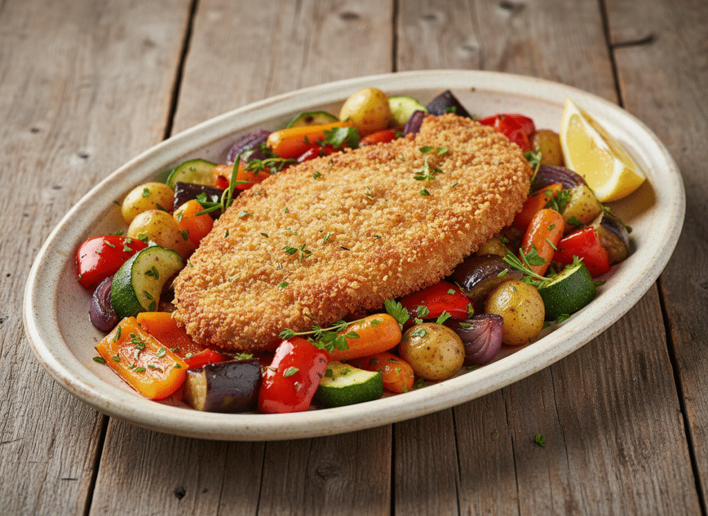 Côte de veau panée aux herbes, accompagnée de légumes rôtis