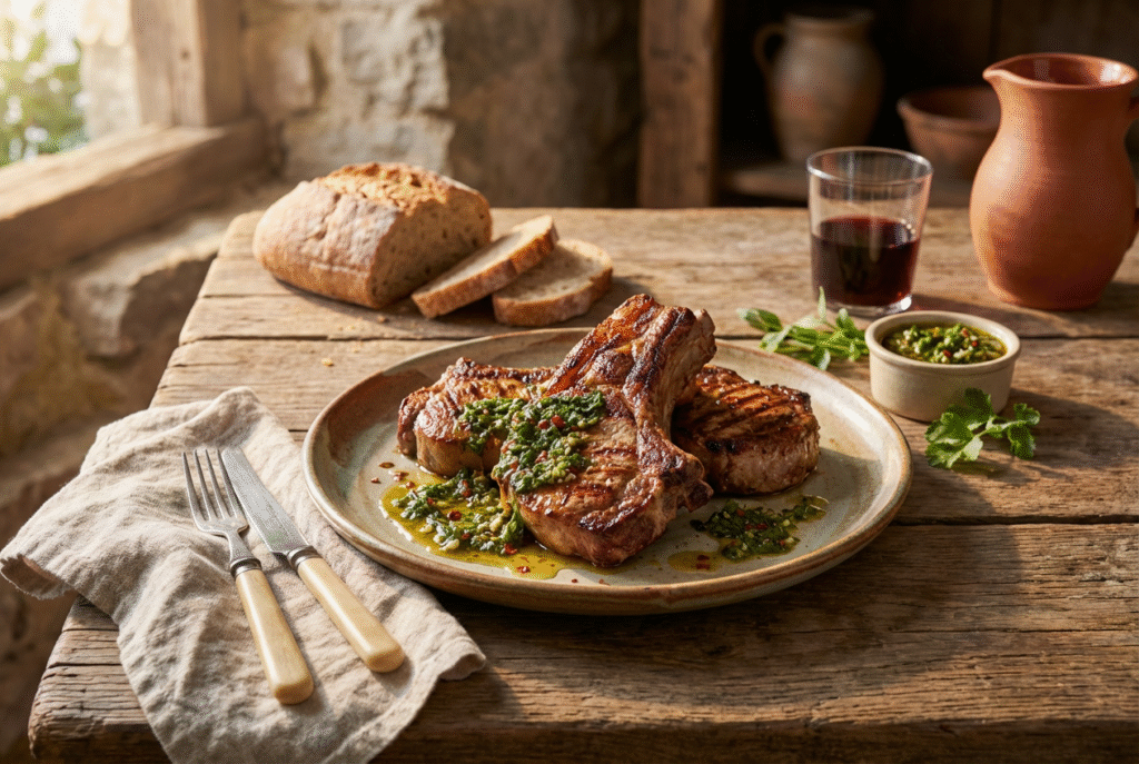 Côte filet de porc grillée à la plancha, sauce chimichurri