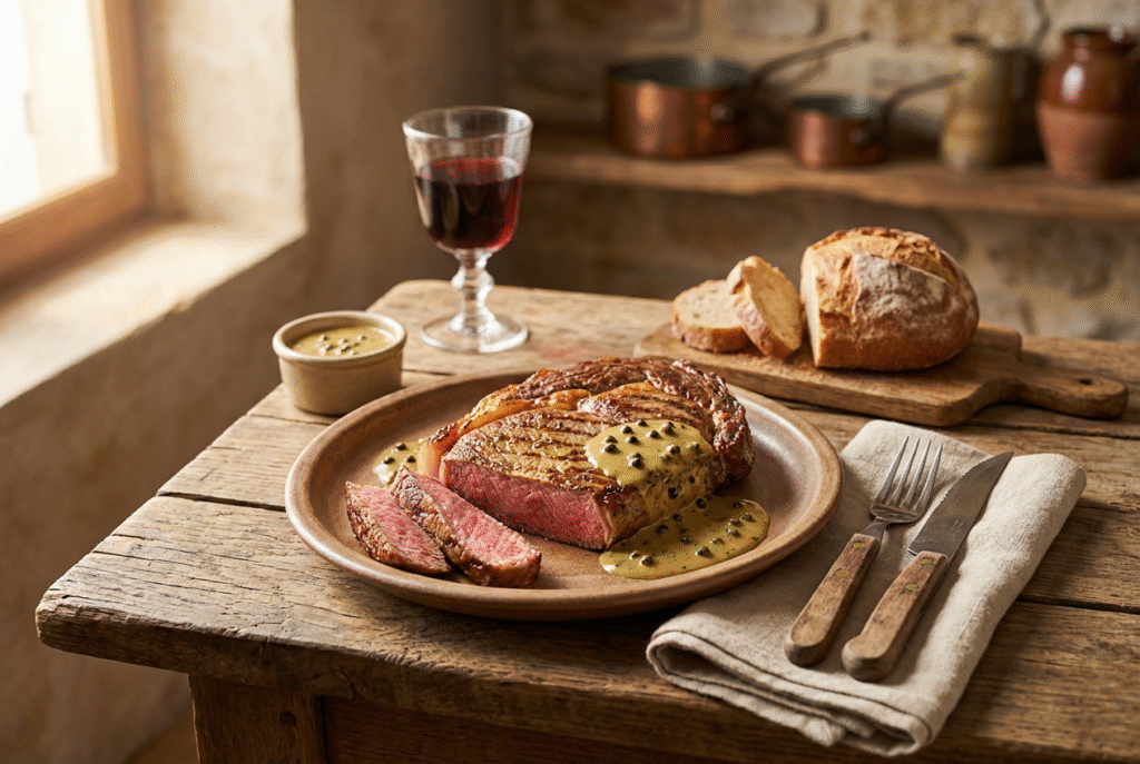 Entrecôte de bœuf maturée à la plancha, sauce au poivre vert