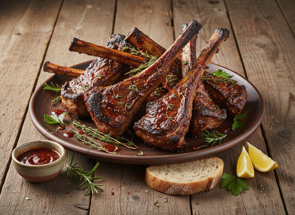 Ribs de bœuf caramélisés au barbecue, sauce épicée maison