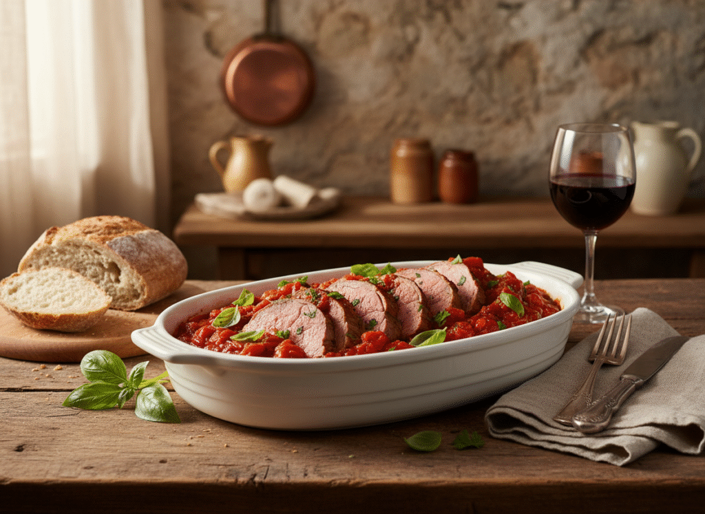 Rôti de veau à la sauce tomate et basilic, cuisson en cocotte minute