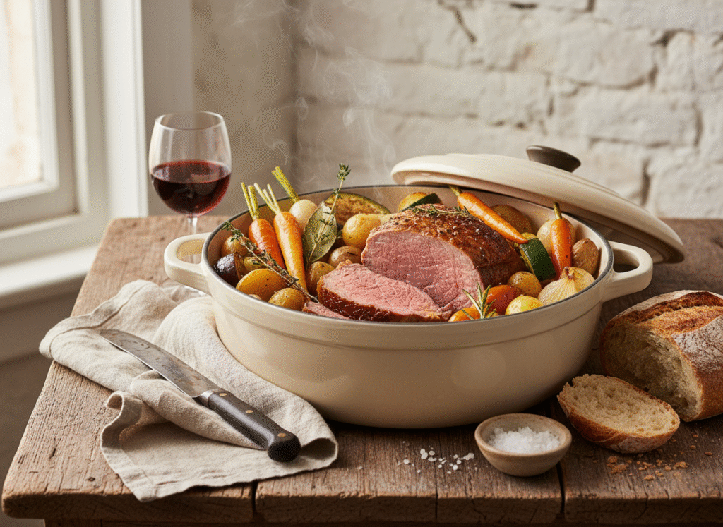 Rôti de veau aux légumes de saison, cuisson à la cocotte