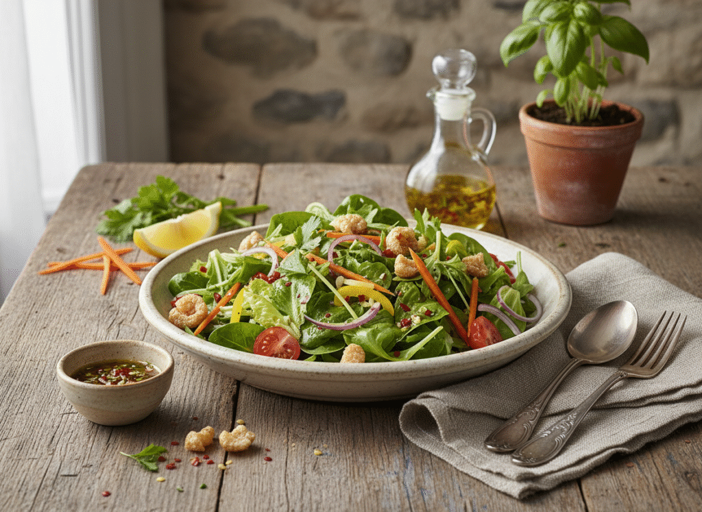 Salade croquante aux croustilles de porc et vinaigrette piquante