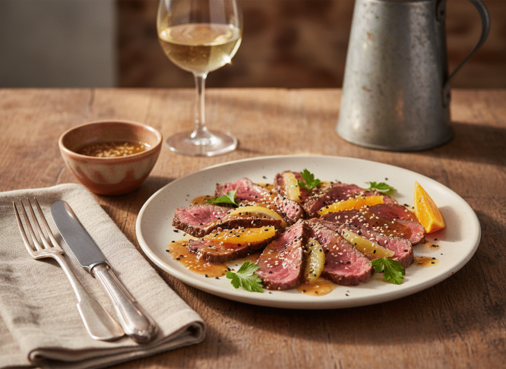 Tataki de merlan de bœuf, sauce sésame et agrumes