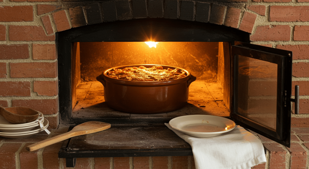 Dans un four traditionnel légèrement ouvert, un cassoulet cuit lentement dans une cassole en terre cuite. La croûte dorée commence à se former à la surface. Autour, quelques ustensiles de cuisine en bois, un plat vide, et une nappe en lin blanc pliée. L’ensemble baigne dans une lumière chaude, évoquant une ambiance de cuisine familiale du Sud-Ouest.