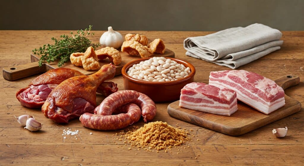 Sur une grande table en bois rustique, disposer les ingrédients crus d’un cassoulet : cuisses de canard confites, saucisses de Toulouse, morceaux d’échine de porc, et couenne. Au centre, un plat en terre cuite rempli de haricots blancs prêts à être montés. Autour, quelques gousses d’ail, un bouquet de thym frais, une planche à découper et un torchon en lin plié. La scène est éclairée par une lumière naturelle chaleureuse, mettant en valeur les textures des viandes et des ingrédients.
