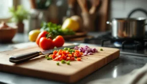 Une planhce à découper et un couteau en cuisine
